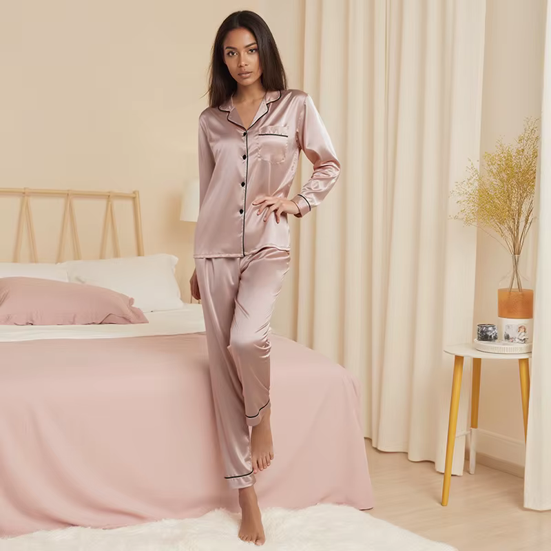 Pyjama en Satin grande taille pour femmes, manches longues, pantalon Long, soie fine, ensemble deux 