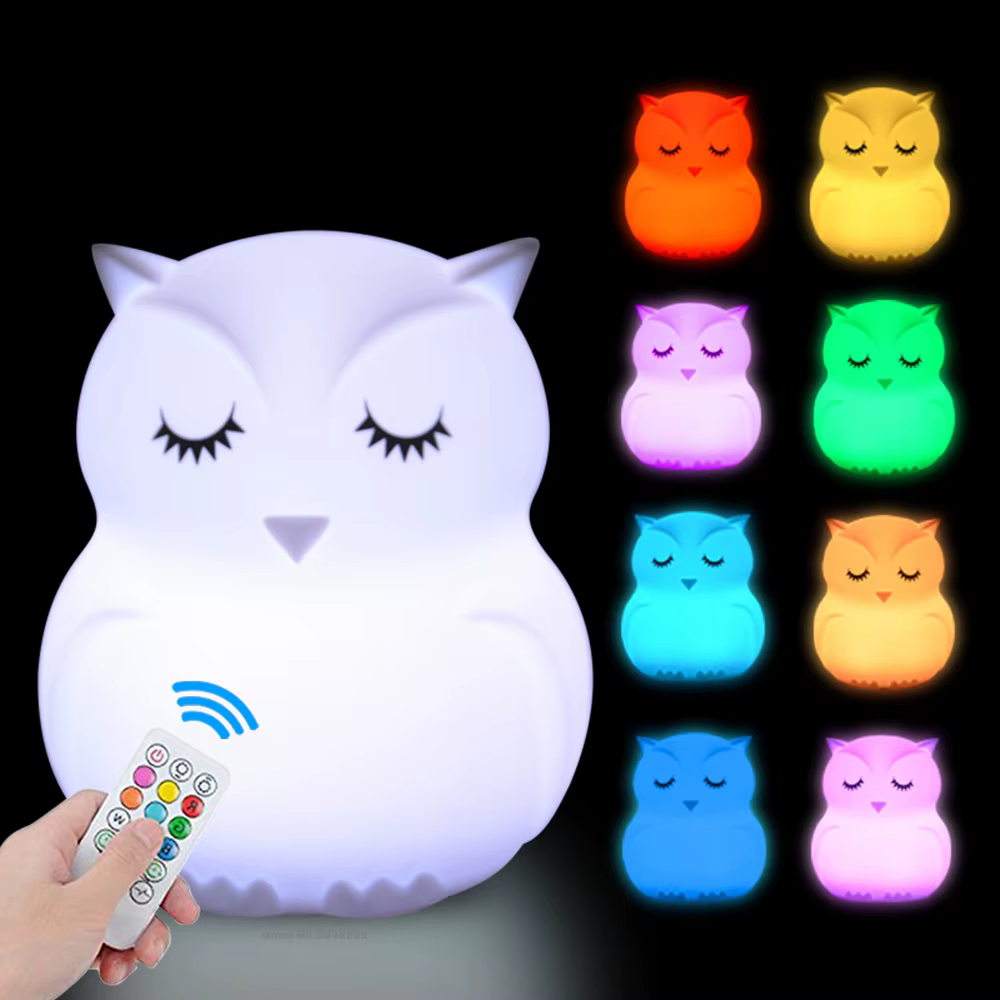 Hibou LED veilleuse capteur tactile télécommande 9 couleurs minuterie variable Rechargeable Silicone