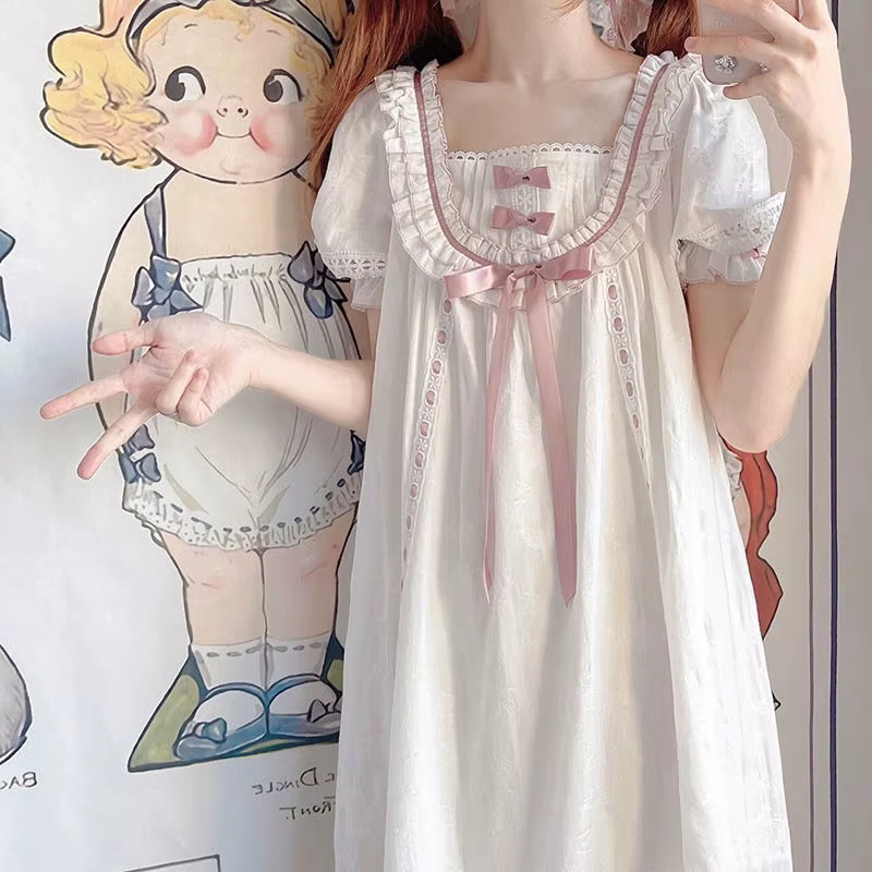 Chemise de nuit en dentelle Bowvétérans t pour femmes et filles, pyjama à manches courtes, vêtements