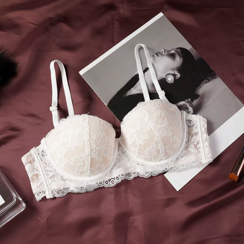 Soutien-gorge en dentelle pour femmes, petites coffres, coupe ronde, anneau en acier souple, Push Up
