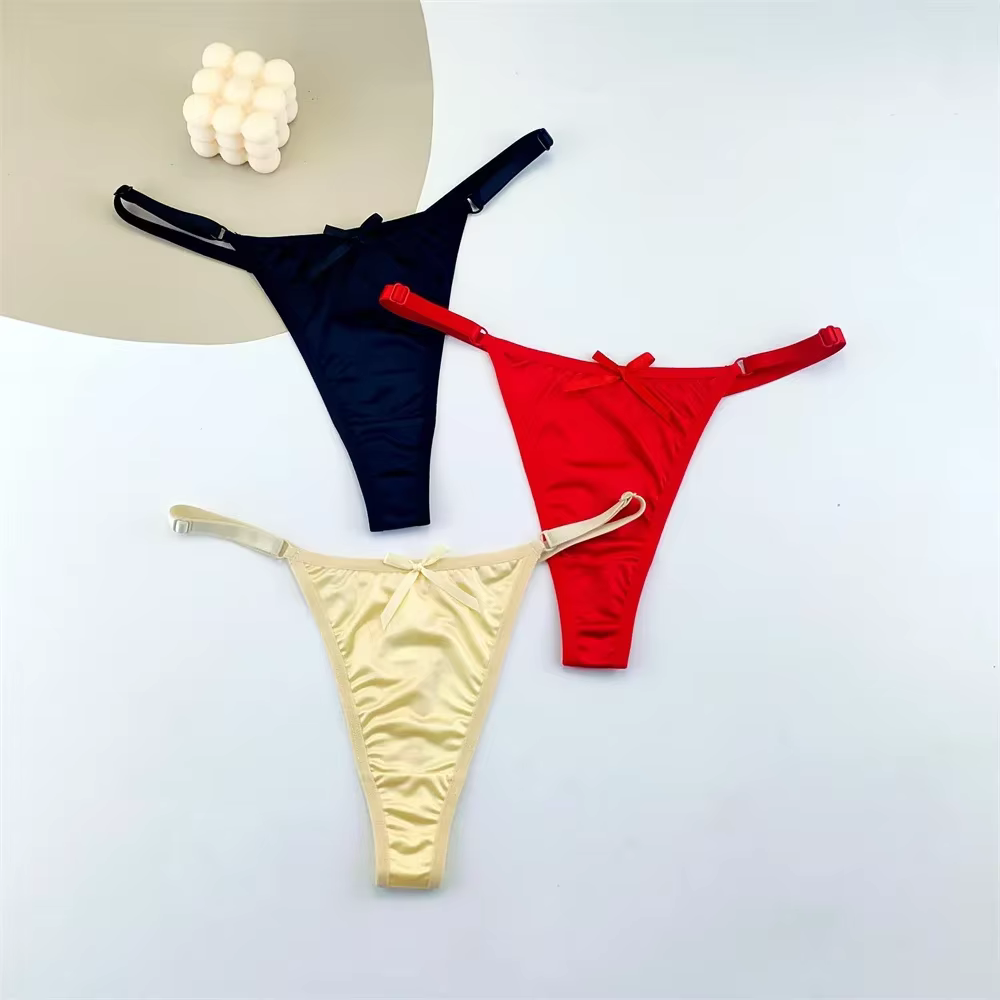 String en Satin réglable pour femmes, 3 pièces, sous-vêtements Sexy, taille basse, dos en T, fesses