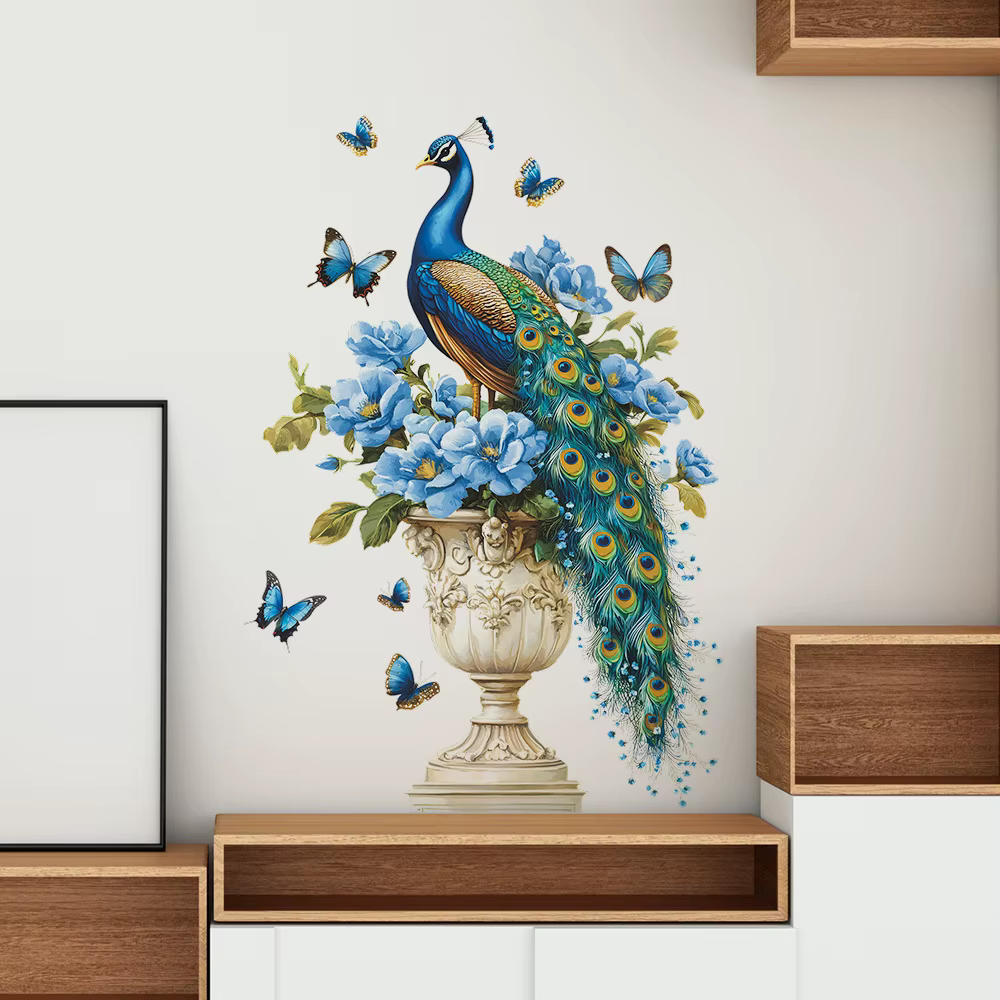 Autocollant mural motif paon, papillon et fleur, décoration de fond pour salon, embellissement mural
