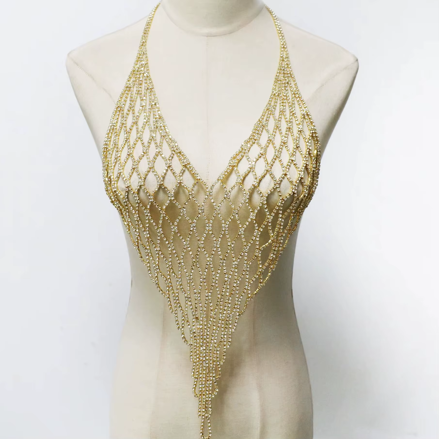 1 pièce Soutien-gorge sexy en maille orné de strass, Chaîne de corps de luxe pour la plage et le bar