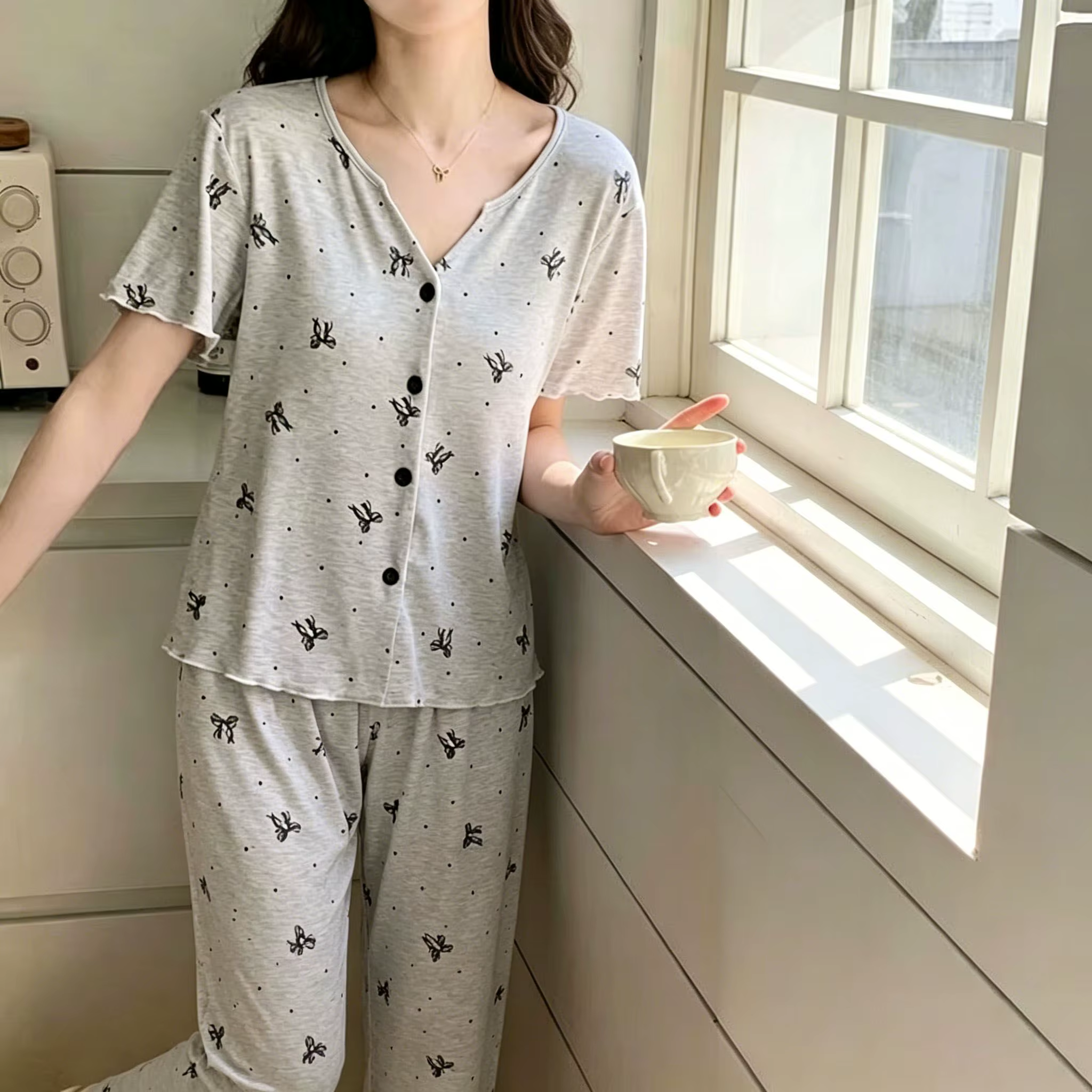 Pyjamas d'été pour femmes, manches courtes et pantalon long, ensemble décontracté et confortable à m