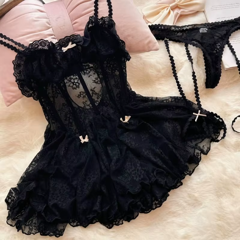 Noir mode Sexy Lingerie voir à travers dentelle jarretelle robe de nuit rose doux chemises de nuit a