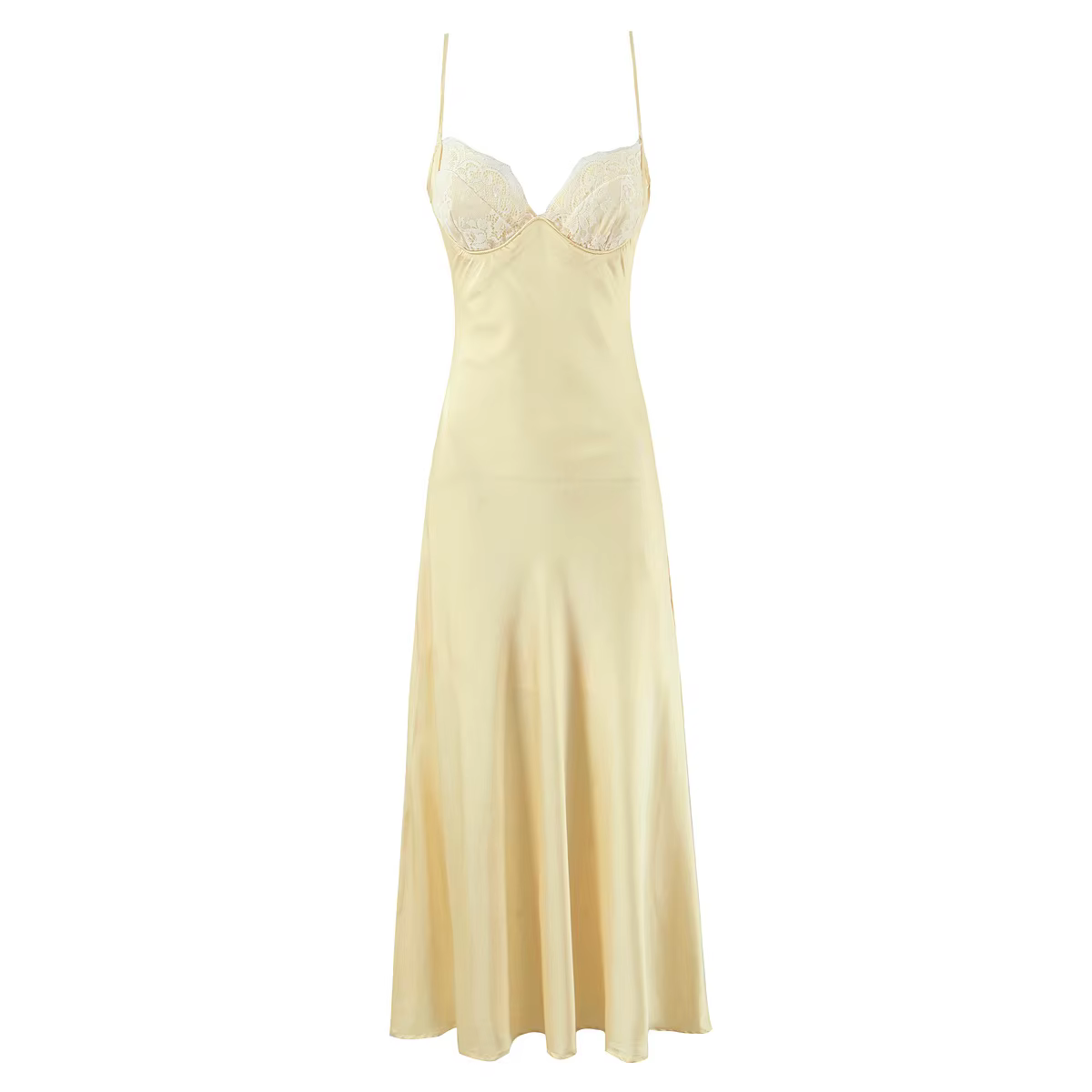 YENKYE Satin jaune fronde Sexy robes élégantes pour les femmes fines bretelles a-ligne Midi robes de