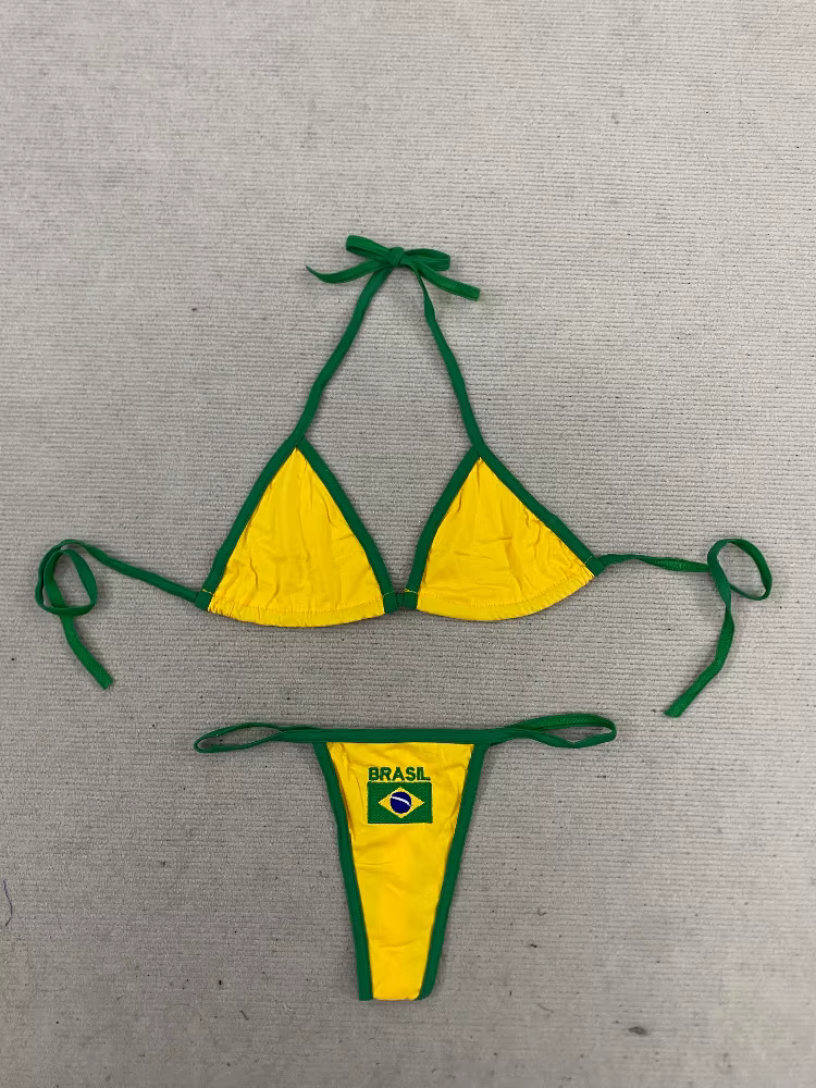 Ensemble bikini imprimé drapeau du Brésil pour femme, haut triangle à nouer + bas tanga, maillot de