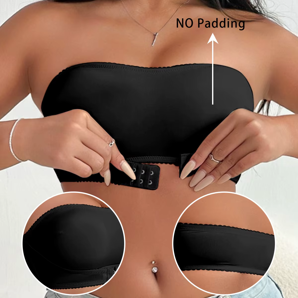 Soutien-gorge noir à boutons sur le devant, sans anneau en acier, soutien-gorge sexy sans bretelles,