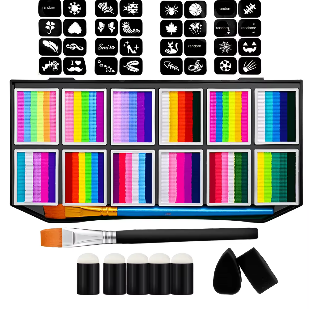Palette de peinture pour le visage et le corps de 65 couleurs + 32 pochoirs, couleurs vives et durab