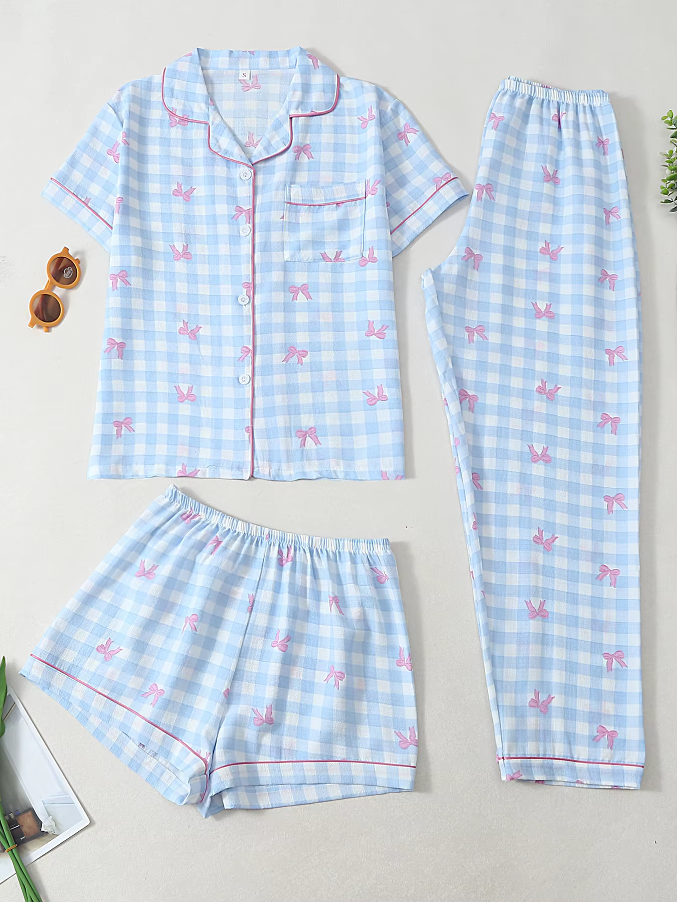Pyjama femme 3 pièces à revers cranté, manches courtes, short et pantalon, imprimé carreaux à nœud m