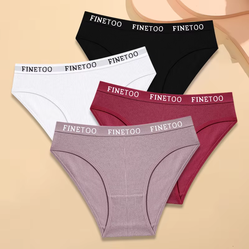FINETOO 4 pièces coton rayé sous-vêtements femmes culottes lettre ceinture slips dames taille basse