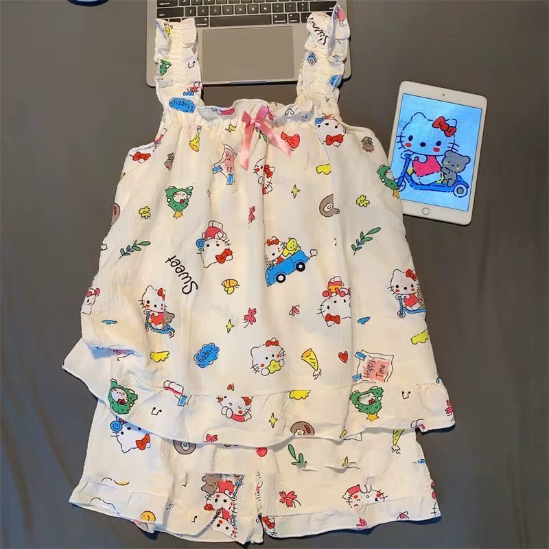 Ensemble pyjama à bretelles Hello Kitty pour fille, dessin animé, été, manches courtes, fin, deux pi