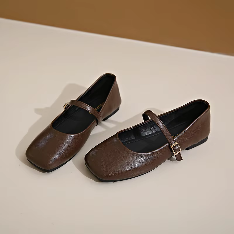 Chaussures plates en cuir véritable pour femmes, Vintage français Mary Janes, avec boucle en laiton
