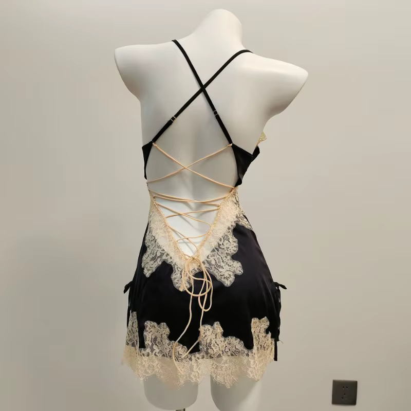 InjNightgScottsdale-Pyjama sexy en dentelle, chemise de nuit en V profond, petite poitrine creuse, r