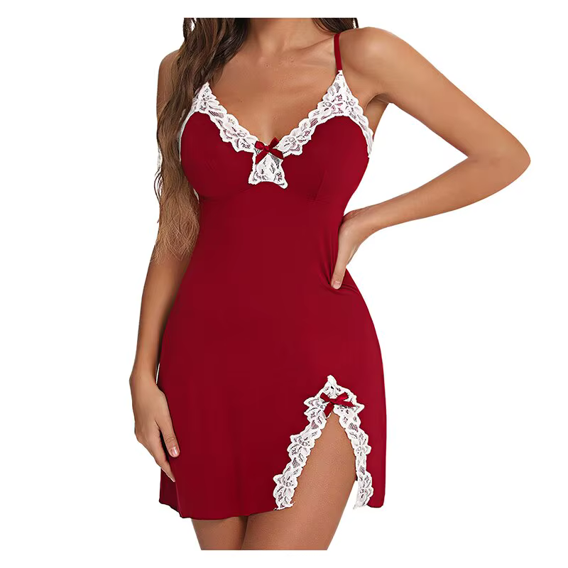 Chemise de nuit sexy en dentelle pour femmes, vêtements de nuit en satin, col en V, ourlet fendu, li