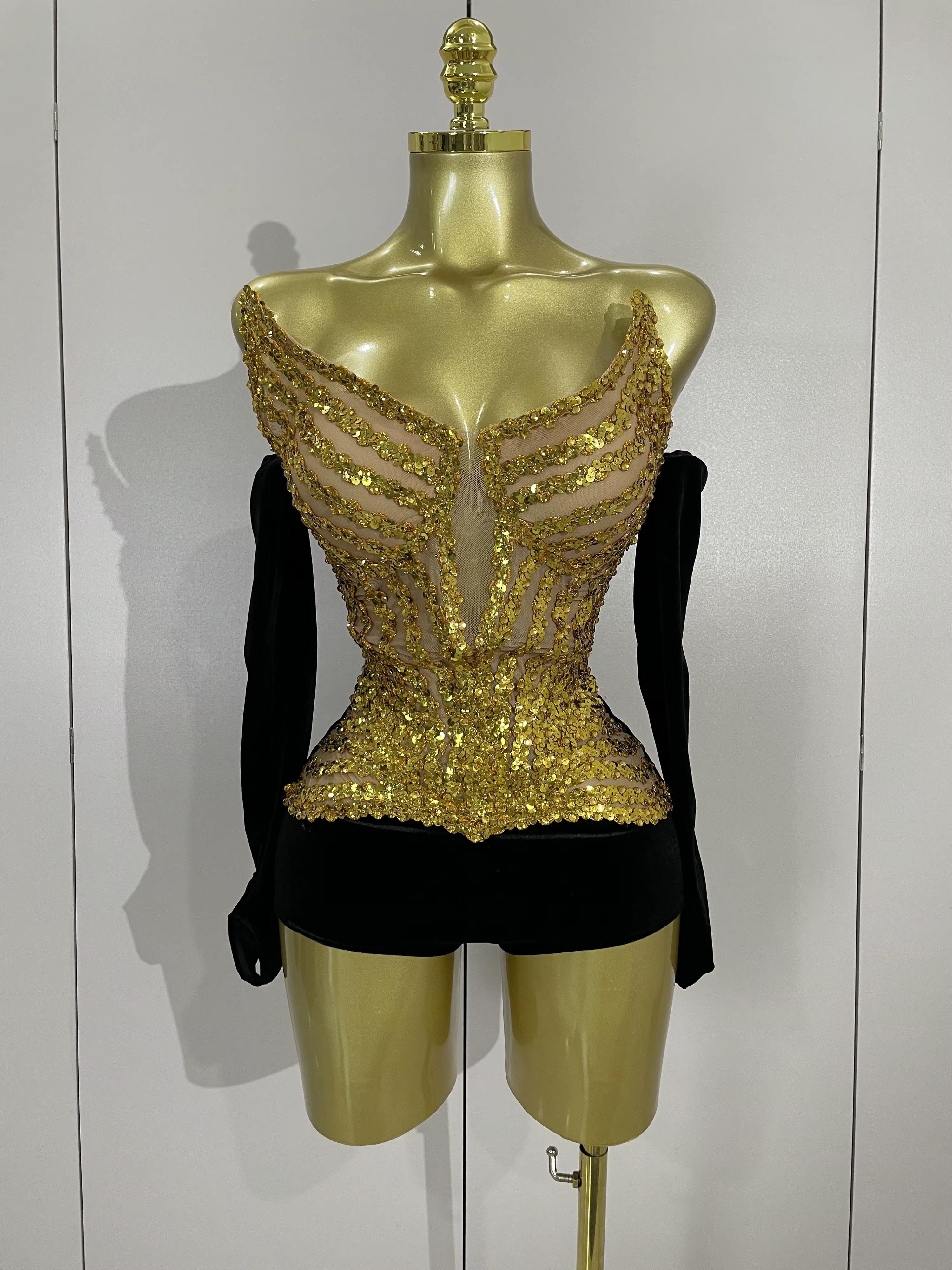 Body Sexy sans bretelles pour femmes, paillettes dorées brillantes, avec gants, robes de soirée élég