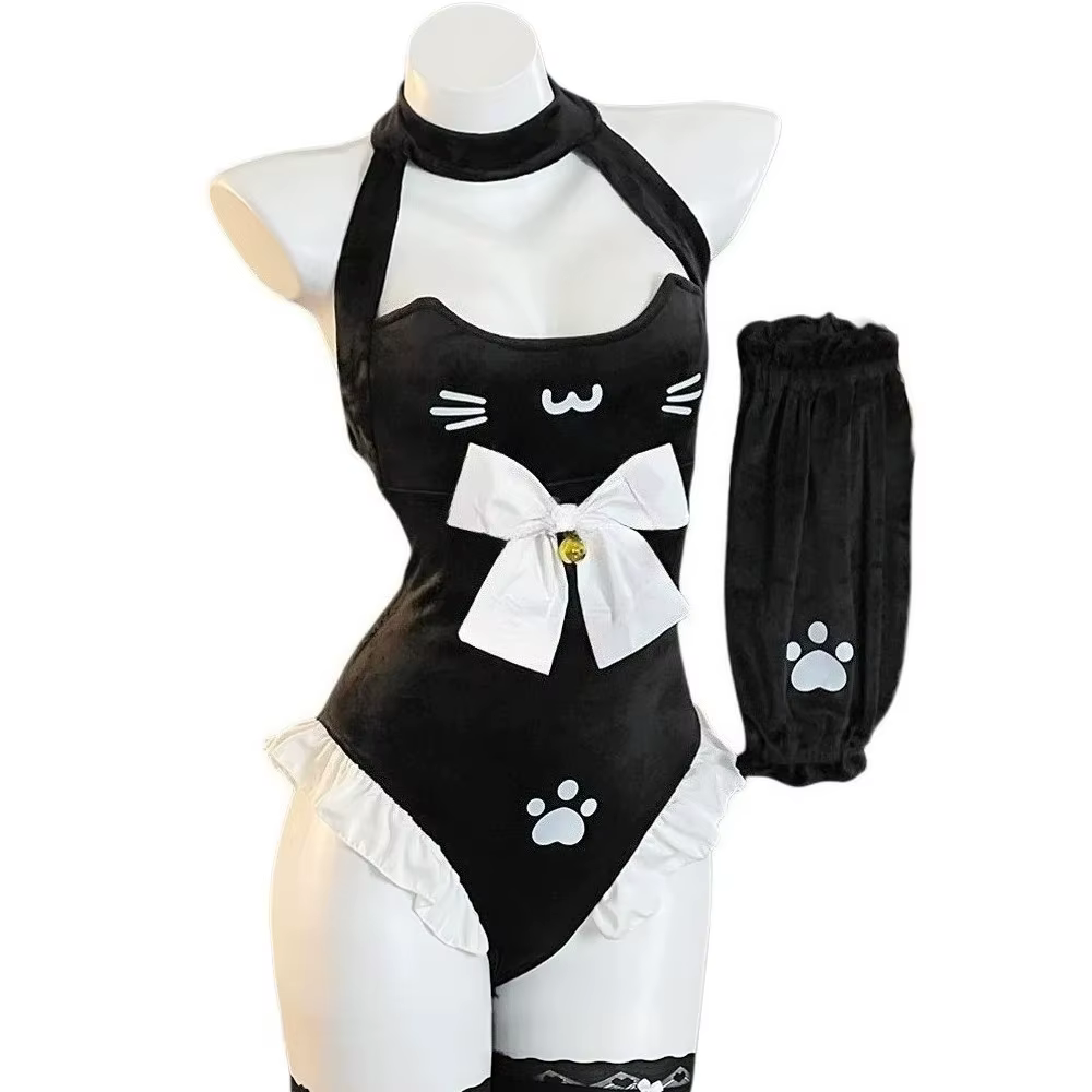 Tenue de cosplay Anime Fille Chat, Uniforme de Soubrette, Combinaison Mignonne à Nœud Patte de Chat,