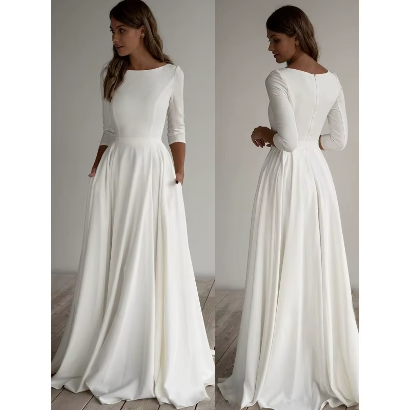 Robe de soirée minimaliste à manches longues pour invitées de mariage, élégante robe de mariée trapè