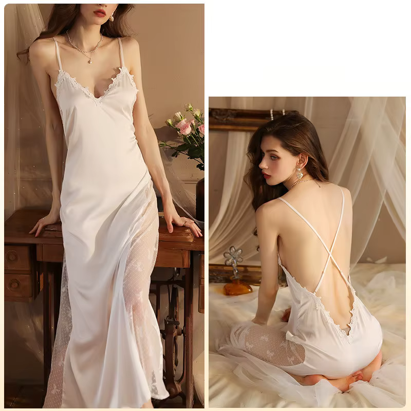 Robe de nuit pour femmes nuisette nouvelle Sexy dos nu longue chemise de nuit mince soie dentelle ét