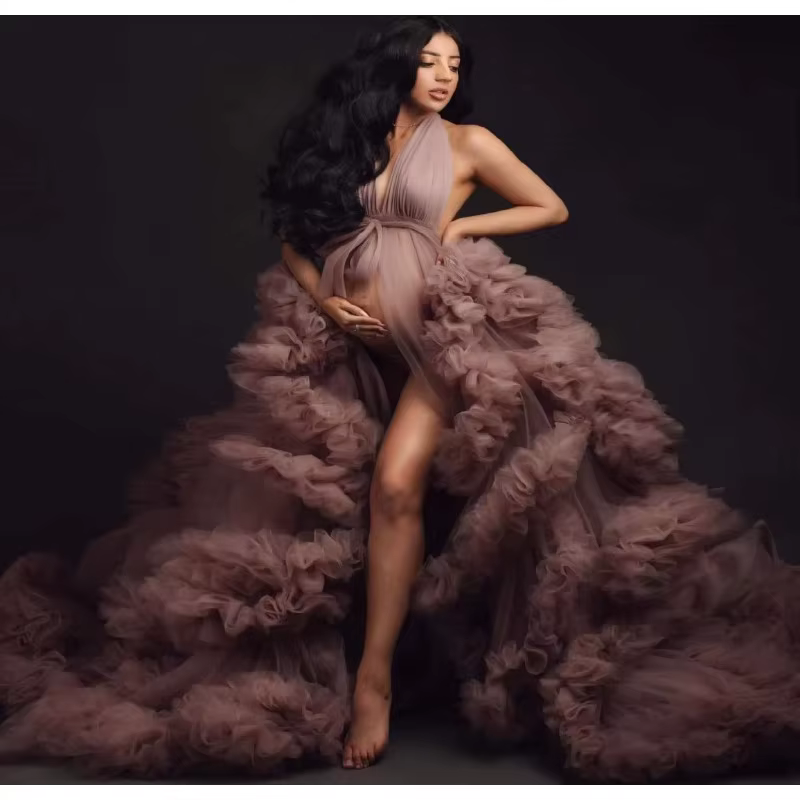 Robe de mariée de maternité - Chemise de nuit longue sexy en tulle à volants pour séance photo de gr