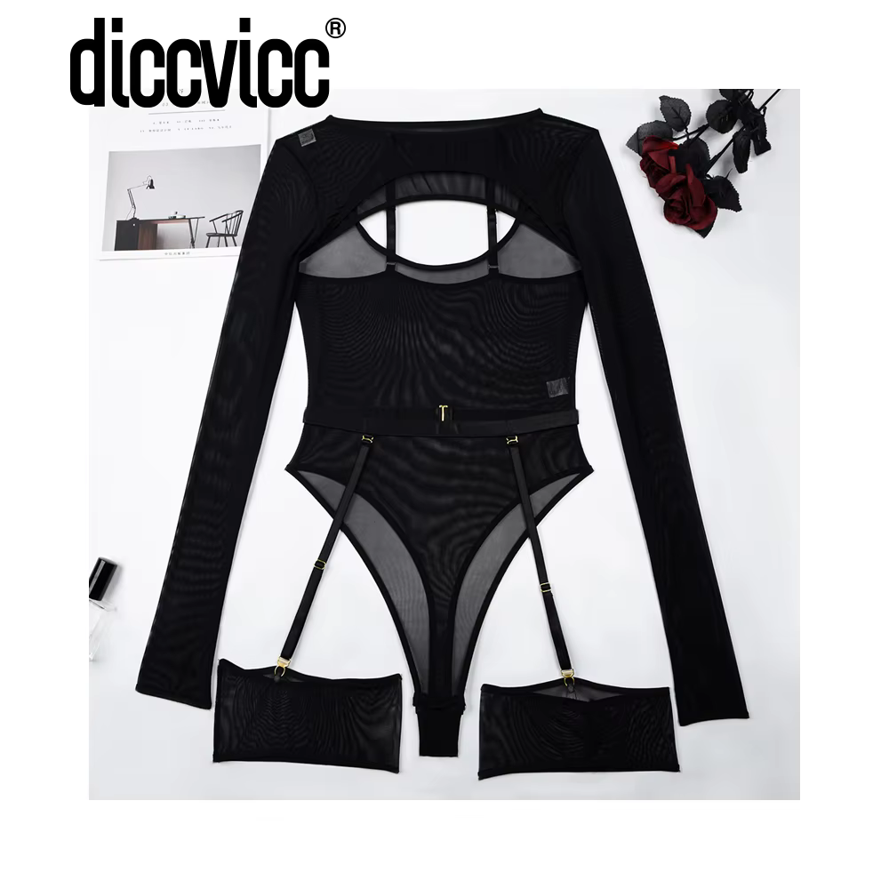 Diccvicc-Body Lingerie à manches longues en dentelle transparente pour femme, costume de batterie fi
