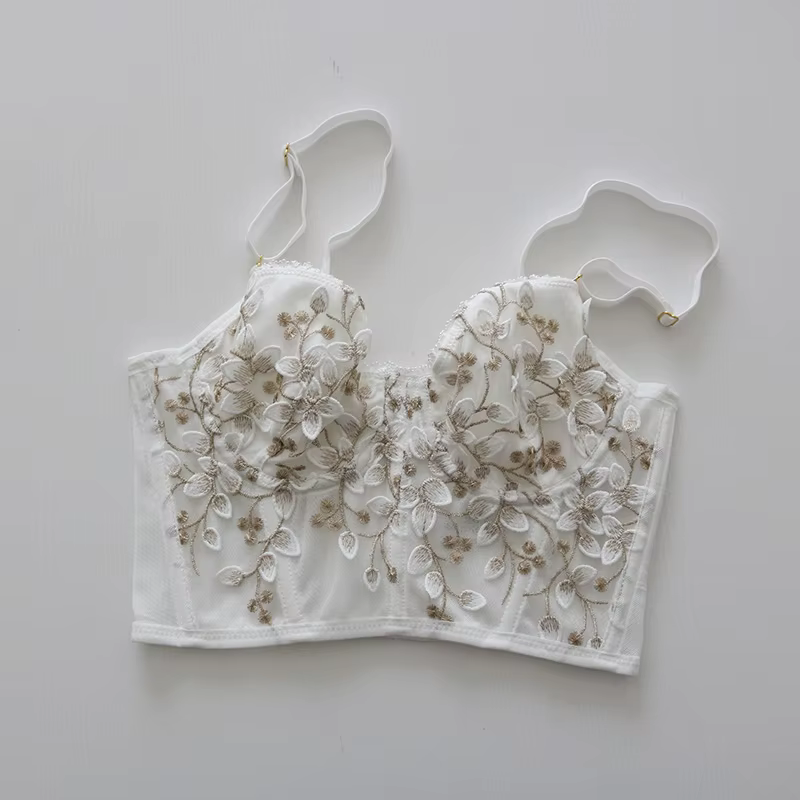 Soutien-gorge brodé 3D sexy en dentelle, corset à baleines, avec armatures, demi-bonnet 2/1, lingeri
