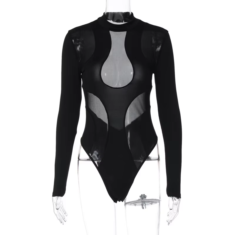 Body noir ajouré en maille Patchwork, combinaison moulante à manches longues pour femmes, mode Club,