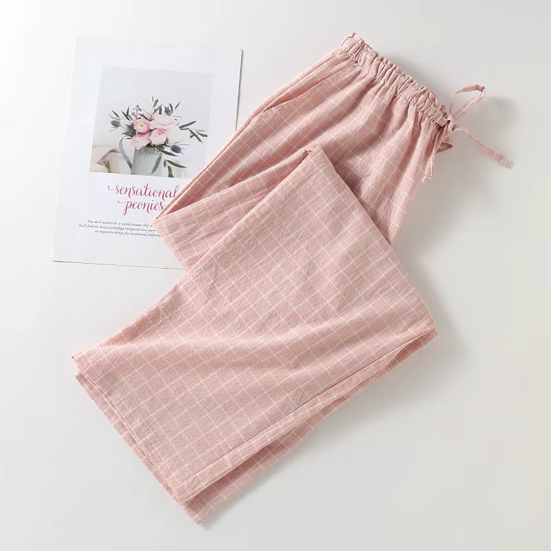 Grande taille japonais minimaliste à carreaux femmes pyjamas pantalons femmes doux maison pantalon a
