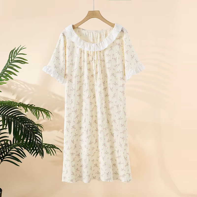 Chemise de nuit d'été à manches courtes pour femmes, gaze de coton pur, jupe de maison en dentelle, 