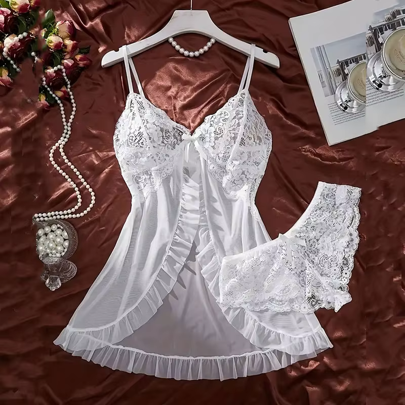 Un ensemble de chemise de nuit Ultra Sexy en Tulle, soutien-gorge à col en v, jupe de nuit ouverte, 