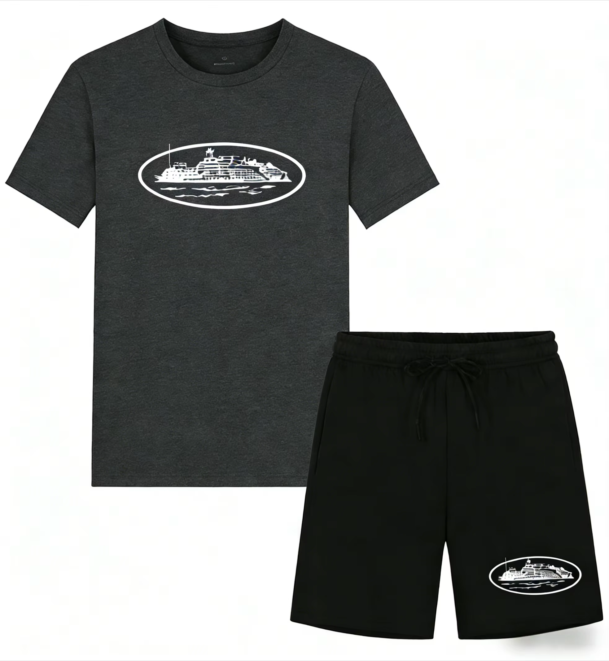 Nouvelle collection été 2026 : Ensemble décontracté deux pièces imprimé bateau, t-shirt et short amp