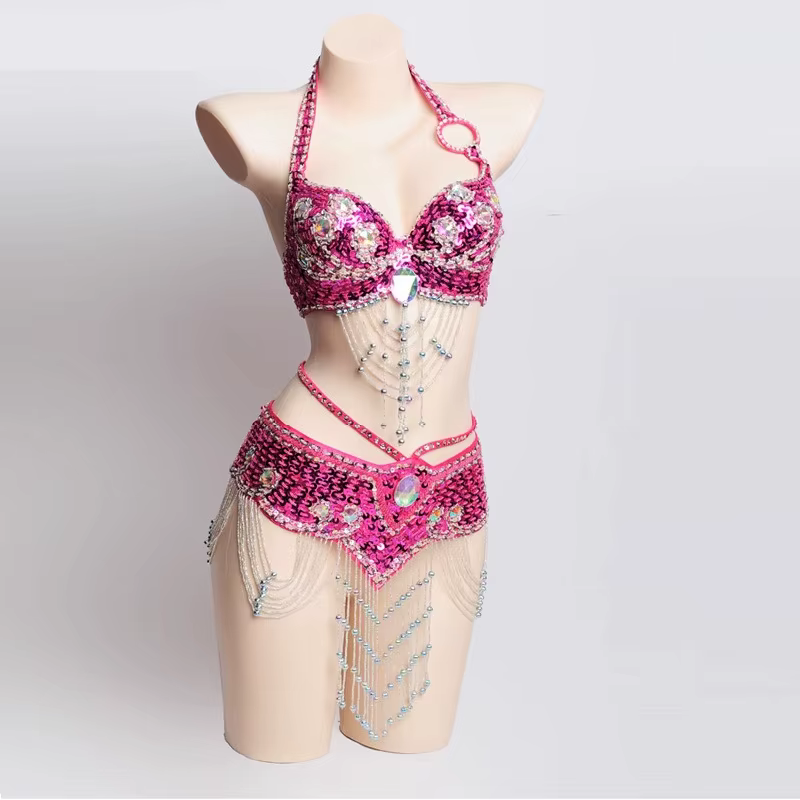Costume de nuit Sexy pour filles, Costume de danse du ventre perlé fait à la main, soutien-gorge et