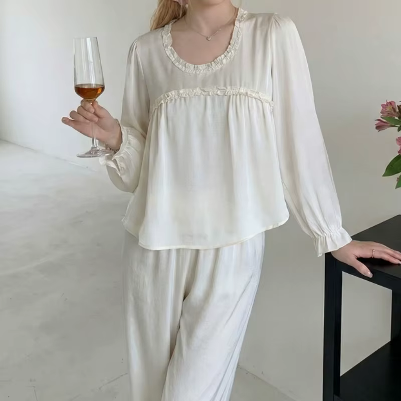 Pyjama Femme Printemps-Automne en Soie Glacée 2026 Nouvelle Collection Couleur Unie Col Rond Style F