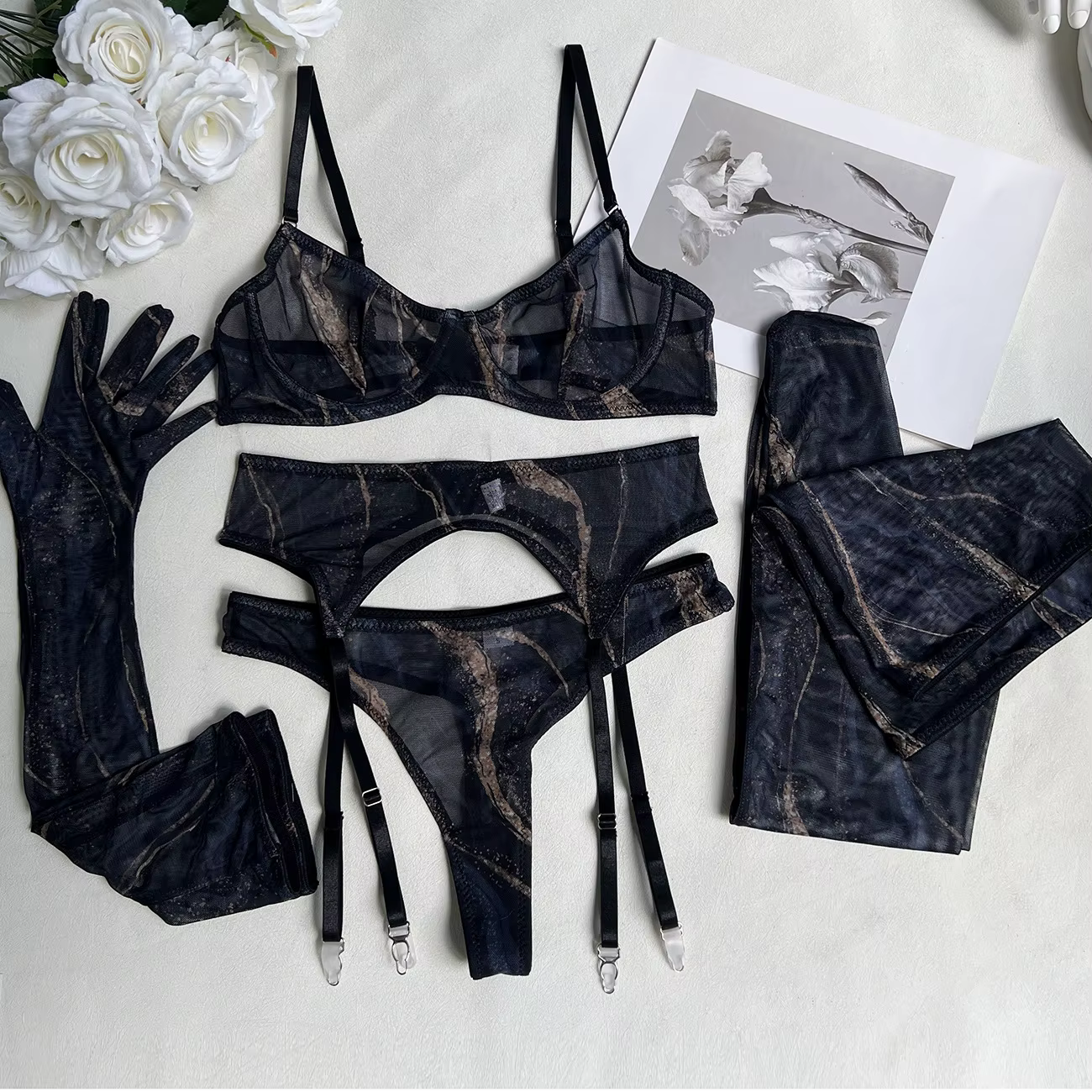 Echonight Tie Dye Lingerie sensuelle sous-vêtements en dentelle avec bas gants longs voir à travers