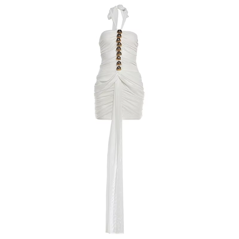 HLJ Robe moulante sexy à col licou pour femme, en maille unie transparente, sans manches, dos nu, po