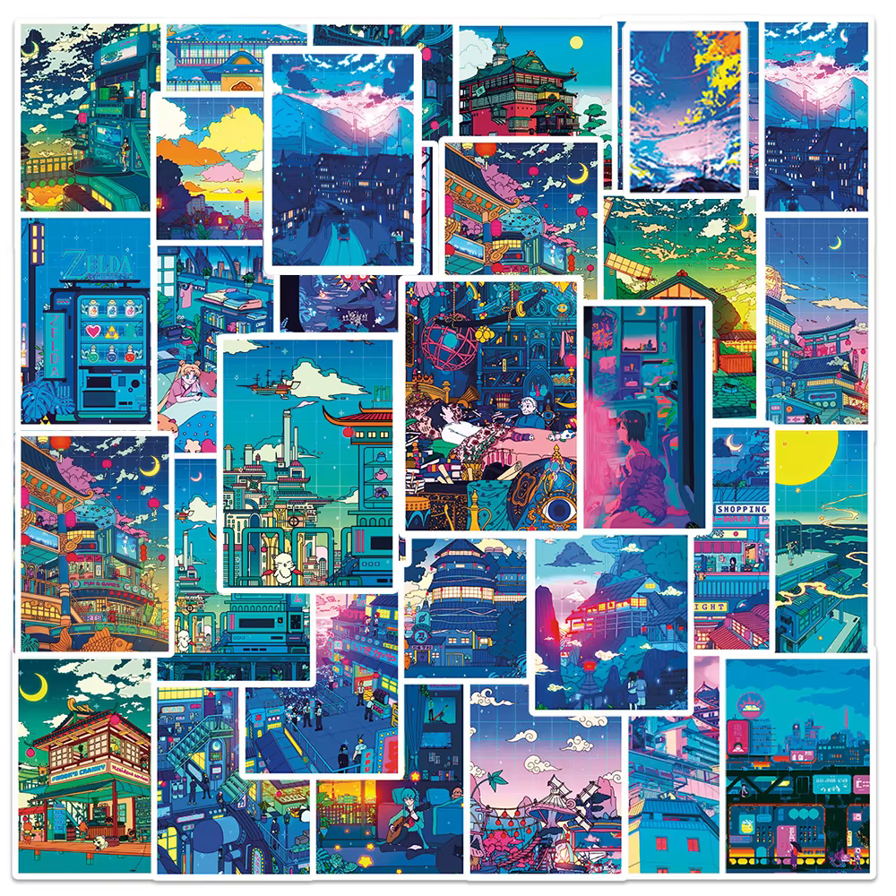 10/30/50pcs Anime vue rue nuit peinture imprime dessin animé autocollants mignon esthétique décalcom