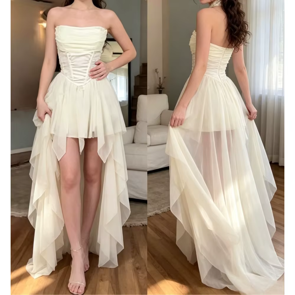 Robe de mariée personnalisée minimaliste à épaules dénudées, style corset ajusté, 2026, devant bas, 