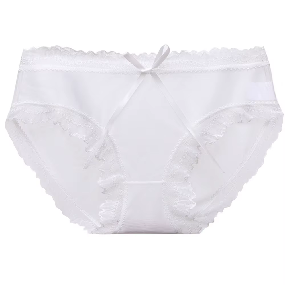 Culottes en dentelle taille basse en soie glacée avec nœud pour femme, entrejambe en coton, sans cou