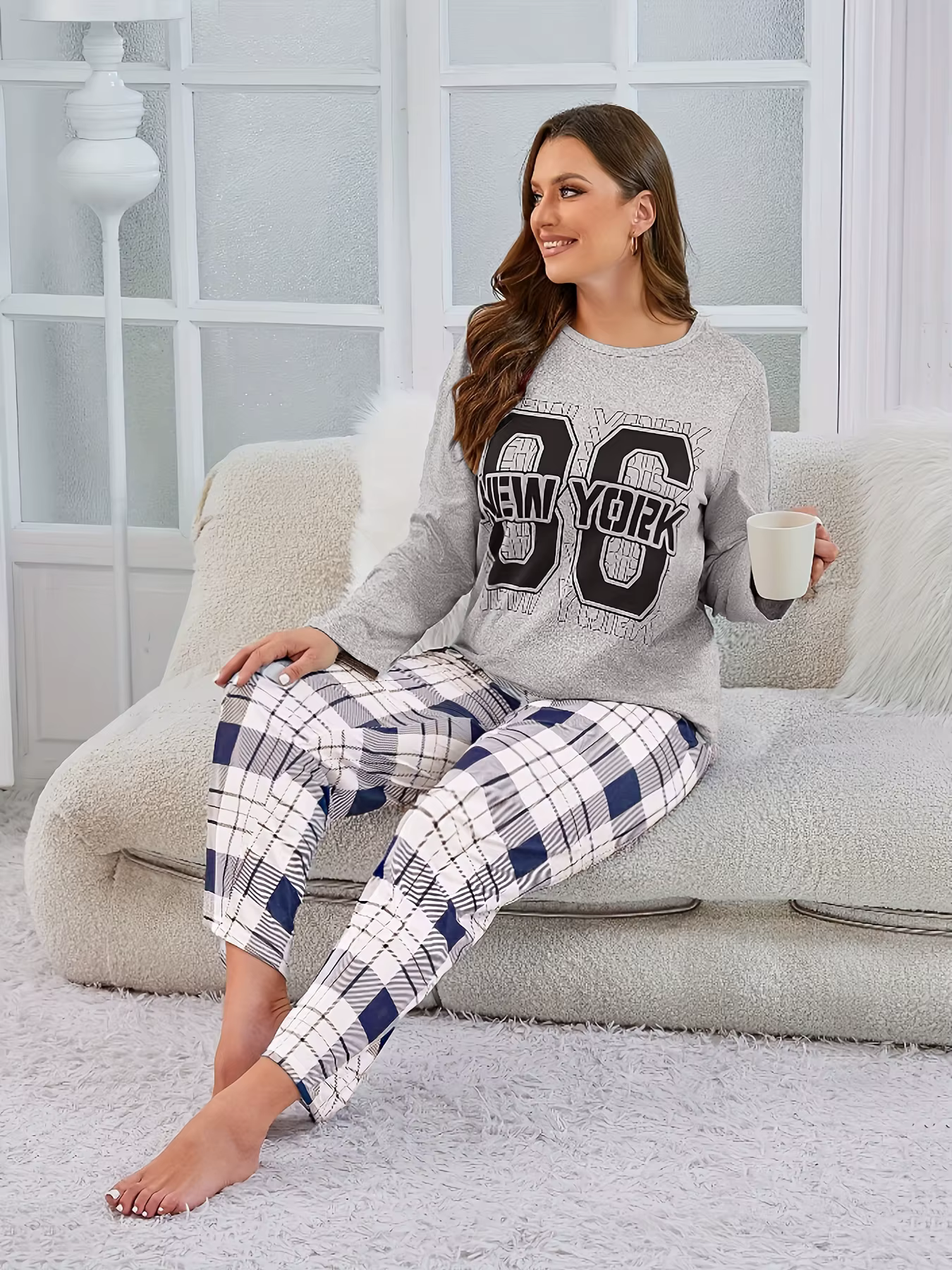 Ensemble de pyjamas pour femmes en 2 pièces, pyjamas d'automne à la mode, imprimé à carreaux avec le