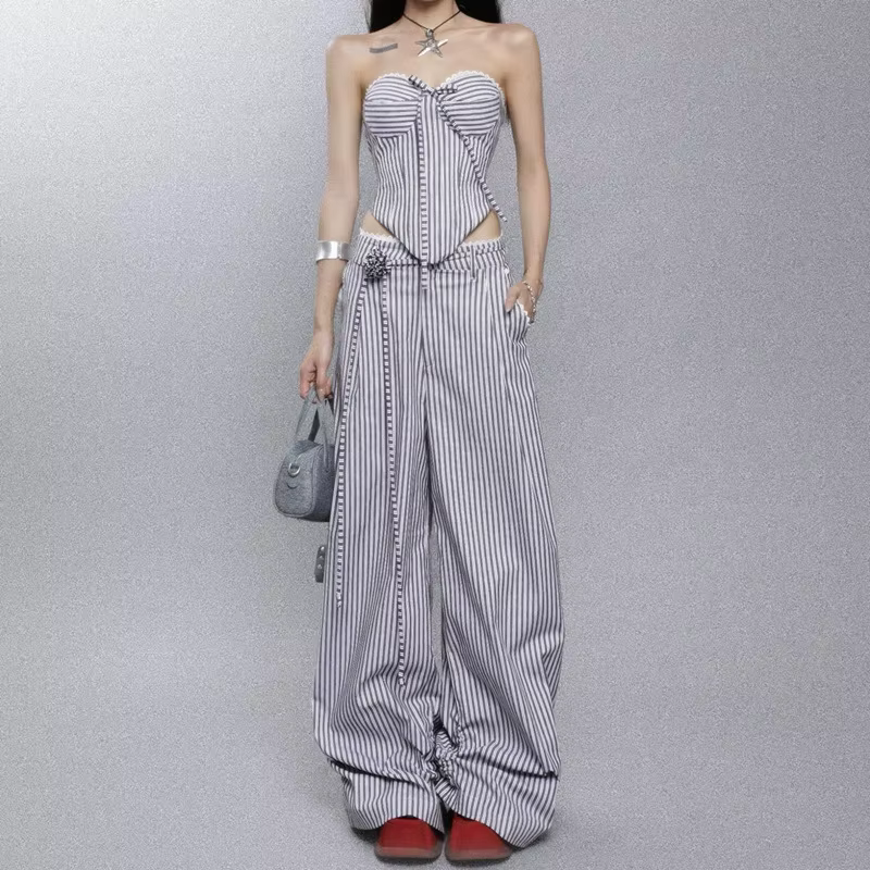 Débardeur enveloppant en forme de cœur pour femmes, pantalon Long ample et décontracté, costume rayé