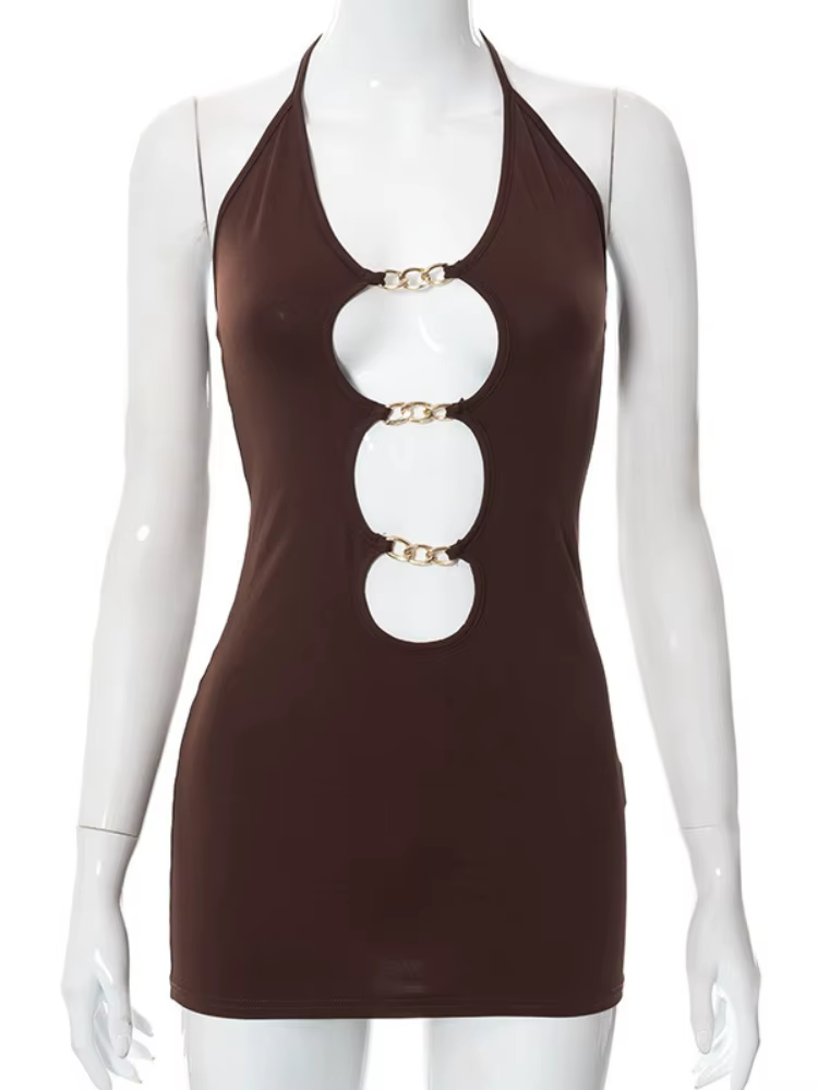 Mini robe évidée pour femme, robe de nuit sexy, tenues de club chaudes, JOdrums en métal, vêtements 