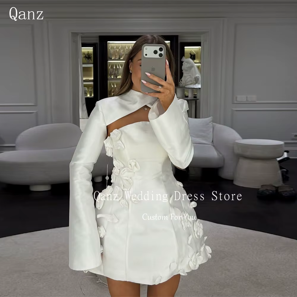 Qanz – robe de mariée courte avec veste, manches longues, en satin ivoire, fleurs 3D faites à la mai
