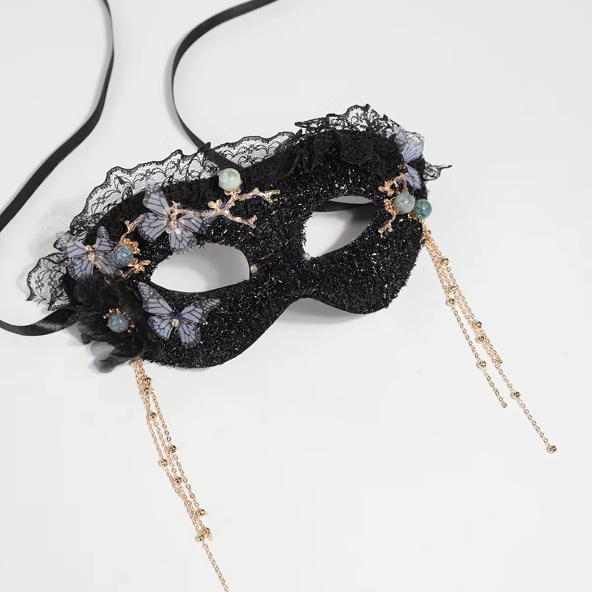 【Night sombre papillon ombre】 masque à paillettes en dentelle noire papillon perle gland demi-visage