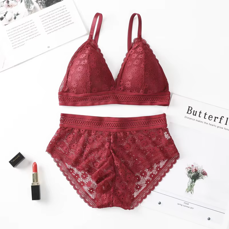 Ensemble de soutien-gorge en dentelle pour femmes, sans jantes en acier, bonnet triangulaire françai