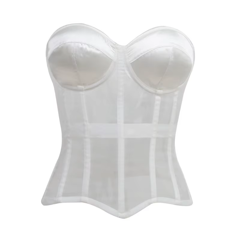 Haut corset sans bretelles en maille transparente pour femme, décolleté cœur, dos lacé, avec baleine