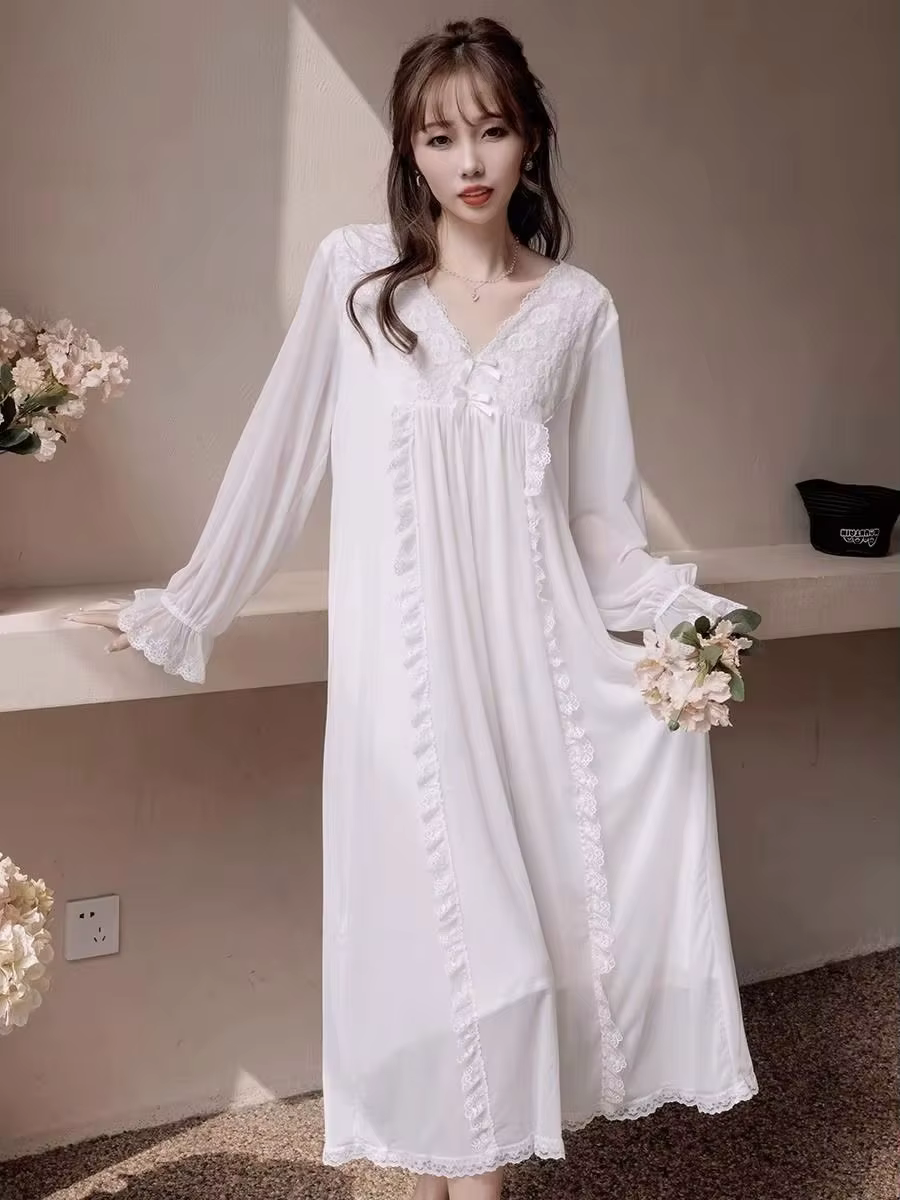Chemise de nuit blanche en dentelle à manches longues pour femmes, pyjama Long et fin, vêtements de 