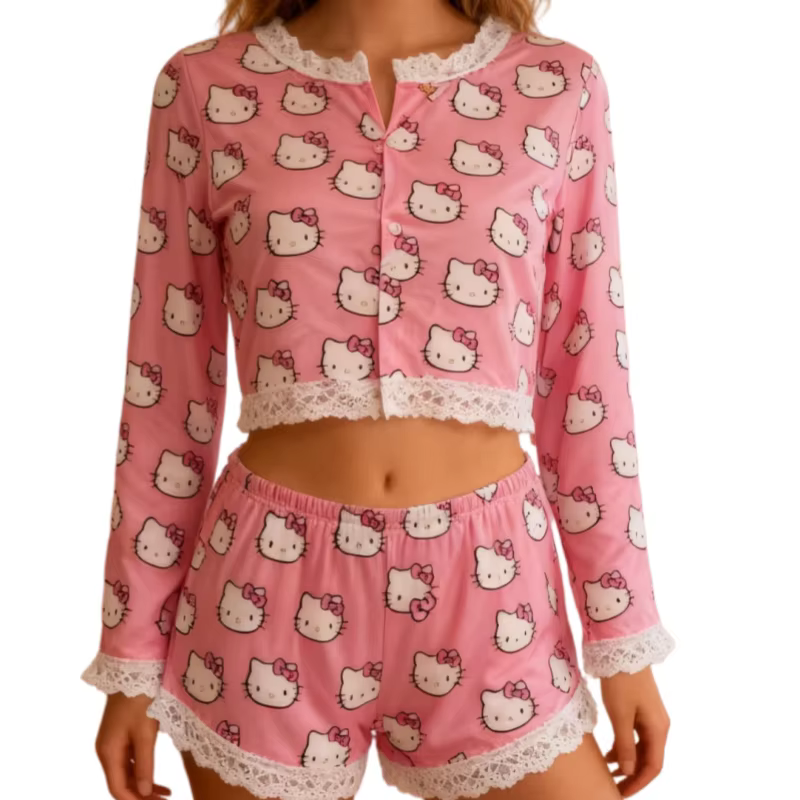 Pyjama deux pièces Hello Kitty pour femme, imprimé Sanrio Anime, dentelle, col rond, haut à manches 