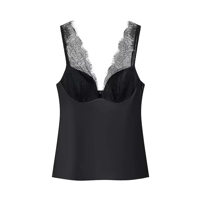 CharmChant noir Satin dentelle col en v Camisole haut pour femmes recadrée Y2k Harajuku mode élégant