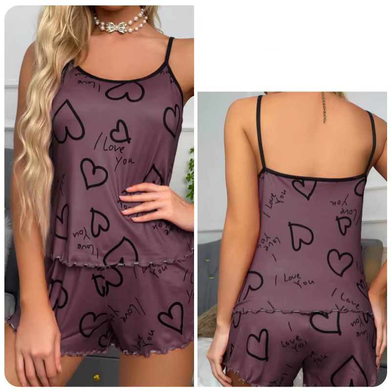 Ensemble de pyjama imprimé en forme de cœur pour femmes, pyjama sexy, ensemble de short et de débard