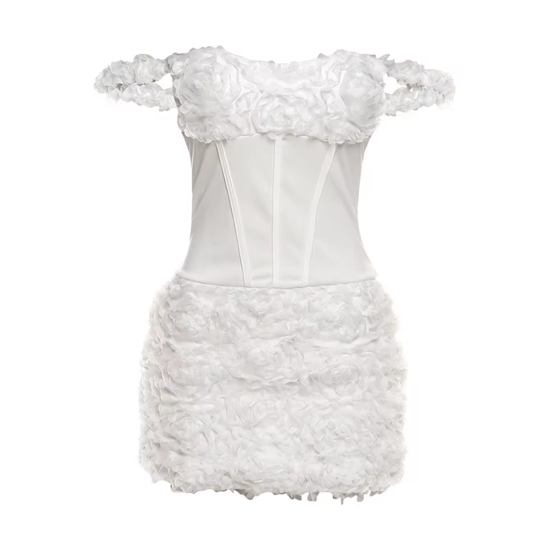 Mini robe blanche à fleurs pour femmes, épaules dénudées, sans manches, Corset cintré à la taille, r
